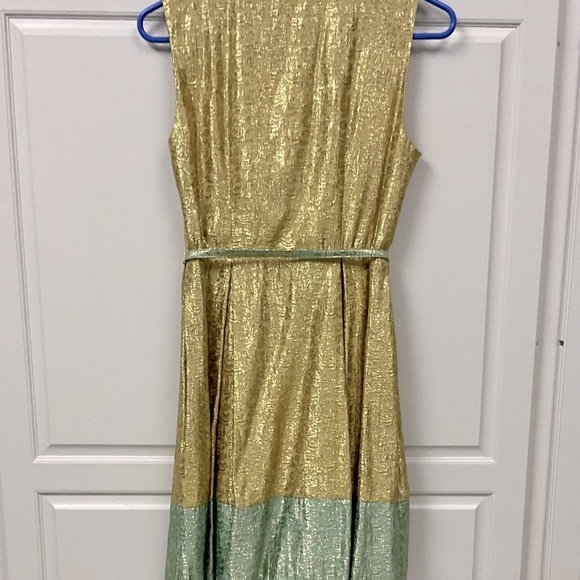 Duro Olowu Gold and Seafoam Green Sparkling Belted Sleeveless Dress Size-2 - Picture 2 of 10